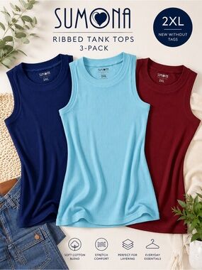 NWOT Sumona 3-Pack Ribbed Tank Tops Baby Blue Burgundy Navy Stretch Knit 2XL
